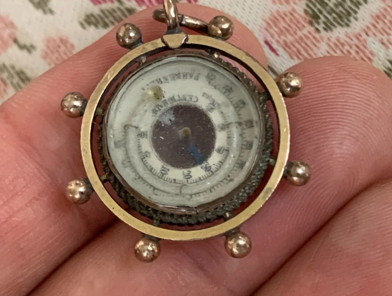 Authentic Antique Gold Plated Thermometer Compass Watch Chain Pendant Fob Ship's Wheel