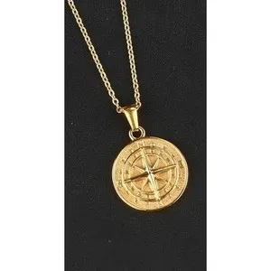 Authentic Compass Pendant 18k Gold Plated Stainless Steel 20" Necklace