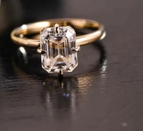 Authentic Emerald Cut Moissanite Compass Set Solitaire Promise Ring Yellow Gold Plated