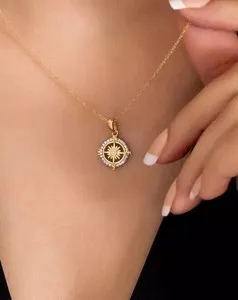Authentic Women's Stunning Compass Pendant Round Simulated Diamond 14k Yellow Gold Plated