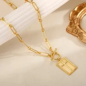 Authentic 18k Gold Plated Chain Link Necklace, Baroque Pearl/Compass Pendant Necklace
