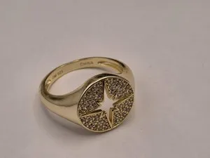 Authentic Gold Plated North Star Signet Ring — CZ Pave Celestial Compass Ring Size 6