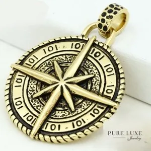 Authentic Men's Stainless Steel,Compass 48mm Pendant Gold plated BOX