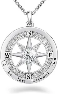 Authentic Compass Necklace Moissanite White Gold Plated S925 Silver, Engraved Gift, 1CT