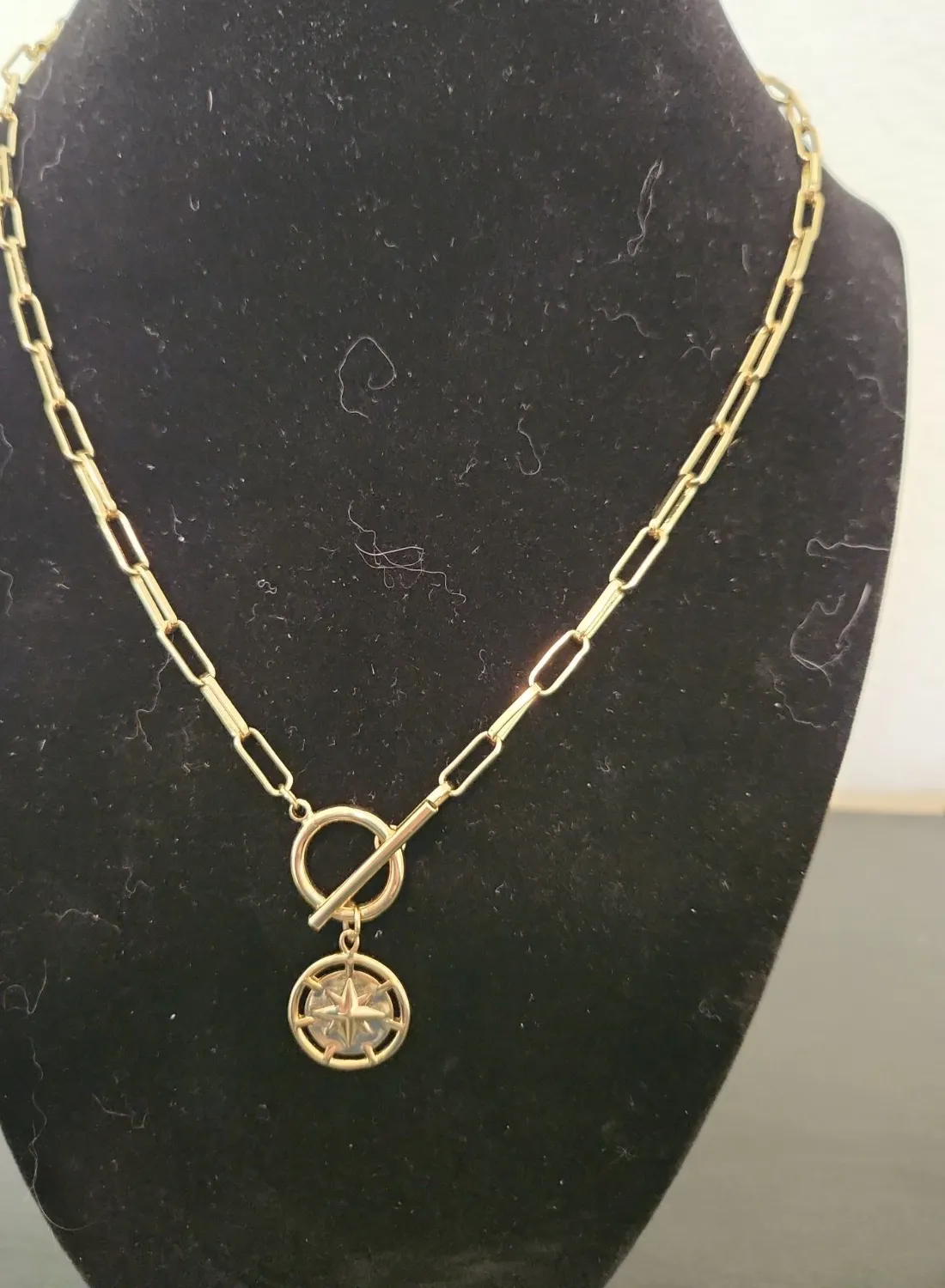 Authentic Gold-plated Paperclip Chain Necklace with A Compass Pendant