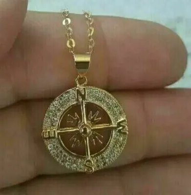 Authentic 2Ct Round Cut Lab Created Diamond Compass Charm Pendant 14K Yellow Gold Plated