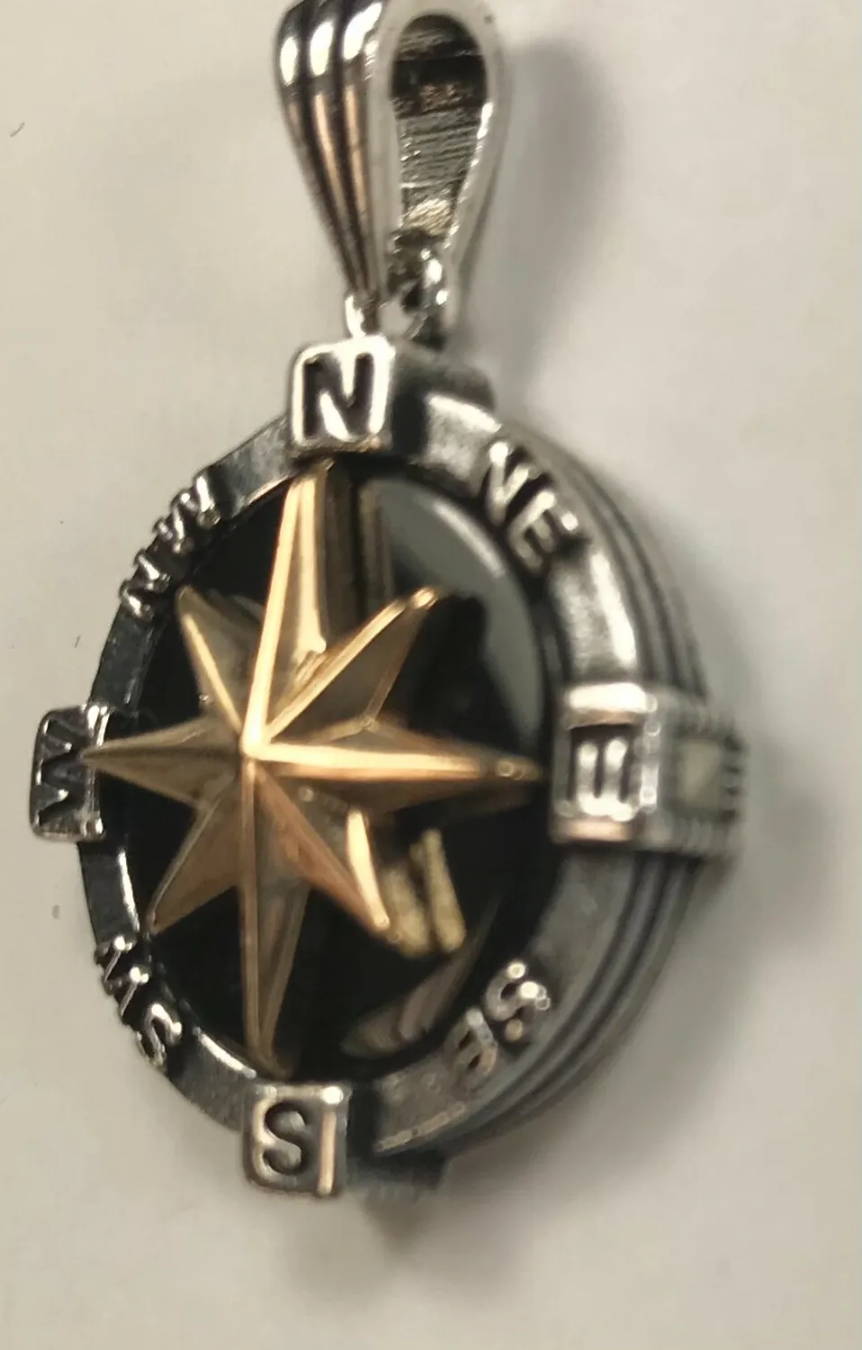 Authentic Compass Pendant, 925 Oxidized Sterling Silver 1 Inch. 2 tone color. Gold plated
