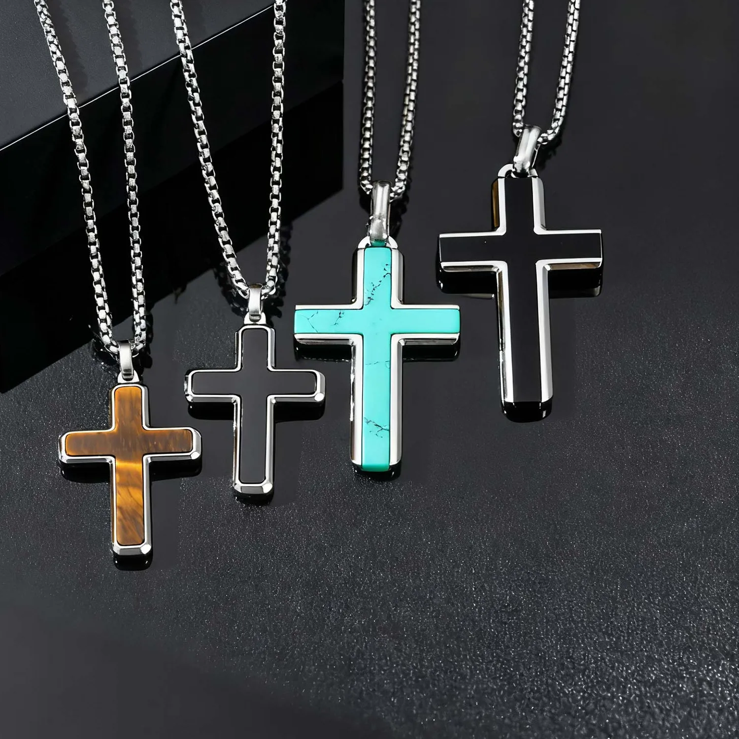 Authentic Classic Cross Pendant Necklace, Turquoise Black Agate Tiger Eye Natural Stone Vintage Jewelry for Men