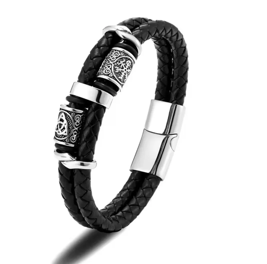 Authentic Viking Compass Celtic Knot Bracelet, Mens 14K Gold Plated Black Braided Leather 