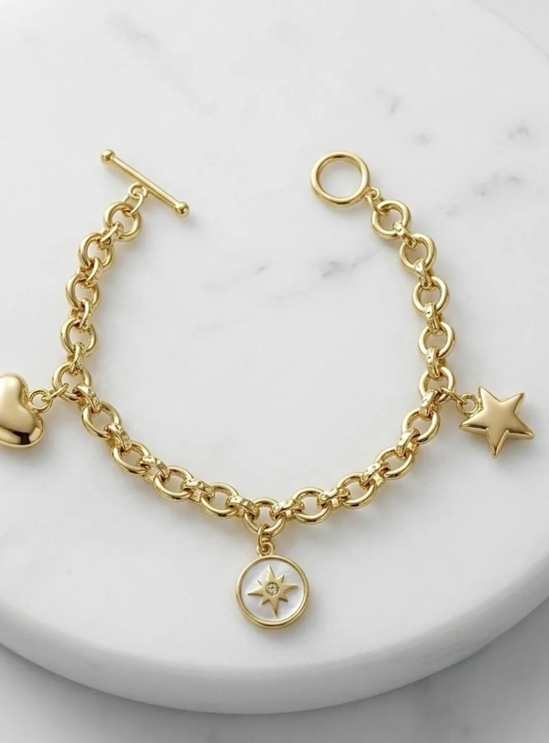 Authentic 14K Gold Plated Celestial Charm Bracelet Heart Star Compass Toggle Link Chain