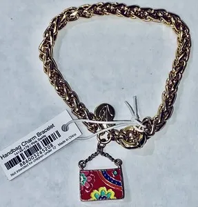 Authentic VERA BRADLEY BRAND GOLD PLATED BALI BRACELET WITH HANDBAG CHARM-7”-8”