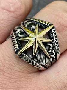 Authentic Real 925 Sterling Silver & 10k Gold Plated Nautical Compass Star Ring Sizes 7-13