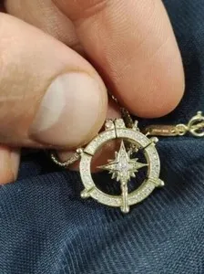 Authentic Round Simulated Diamond Stunning Compass Round Pendant In 14K Yellow Gold Plated