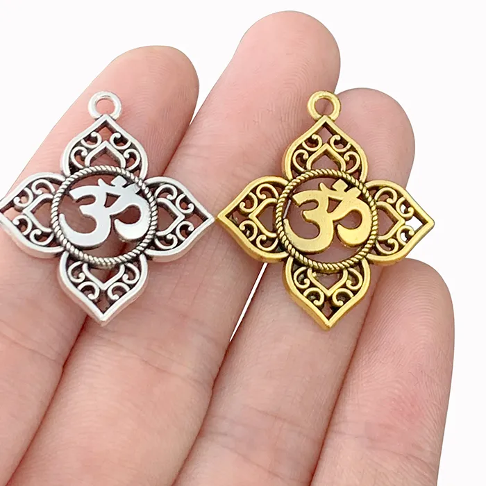 Authentic 30PCS Antique Silver/Gold Filigree OHM OM AUM Yoga Buddha Flower Charms Pendants DIY Necklace Jewelry Making Findings Crafts
