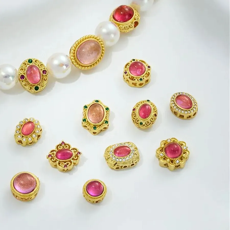 Authentic 18K Matte Gold Plated Inlaid Imitation Natural Crystal Cat Eye Starry Pink Multi- Hole Beads Diy Jewelry Accessories