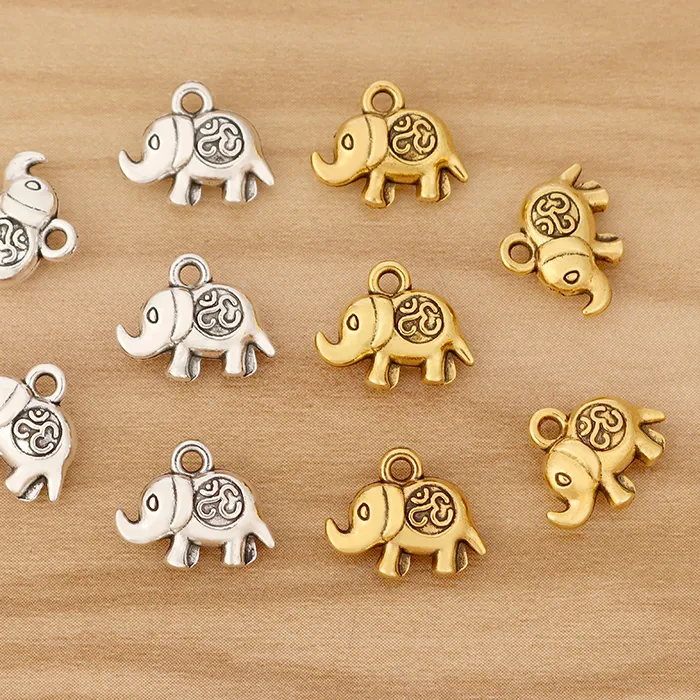 Authentic 50 Pieces Tibetan Silver/Gold Color 3D Elephant Om Symbol Charms Pendants 2 Sided for Bracelet Necklace Jewellery Making 13x11mm
