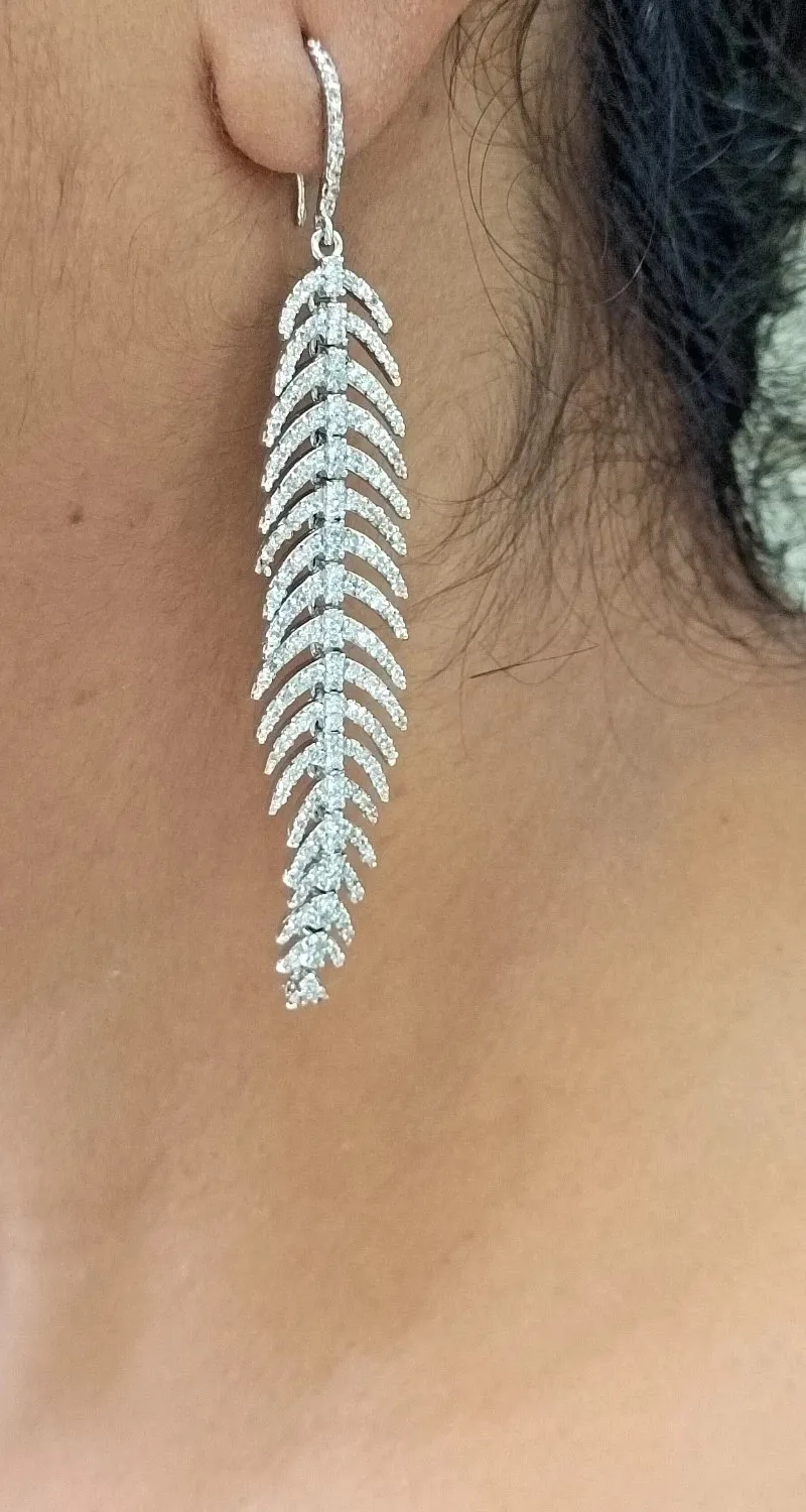 Authentic 3Ct Natural Moissanite Feather Dangle Hook Earring 14k White Gold Plated