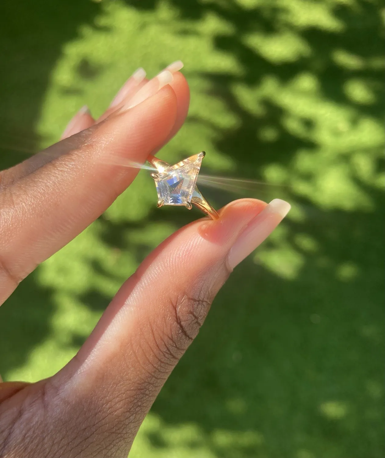 Authentic Gold plated Sterling silver Angel feather Quartz Kite shape ring , size L-M/US 6