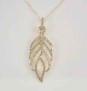 Authentic Feather Shape Pendant 1Ct Round Cut Simulated Diamond In 14K Yellow Gold Plated