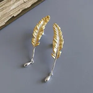 Authentic Gold Plated Sterling Silver Detailed Feather Quill Earrings with Ink Drop Unique