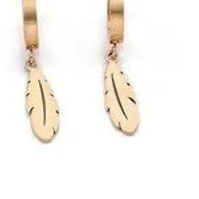 Authentic Gold Feather Dangle Huggie Hoop Earrings Stainless Steel Real Gold Plated Boho