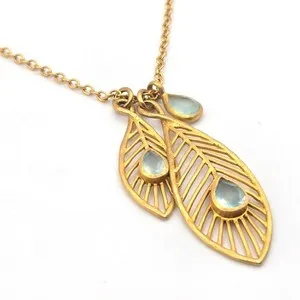 Authentic Satya Jewelry 18K Gold Plated Peacock Feather Pendant Necklace Blue Agate 24"