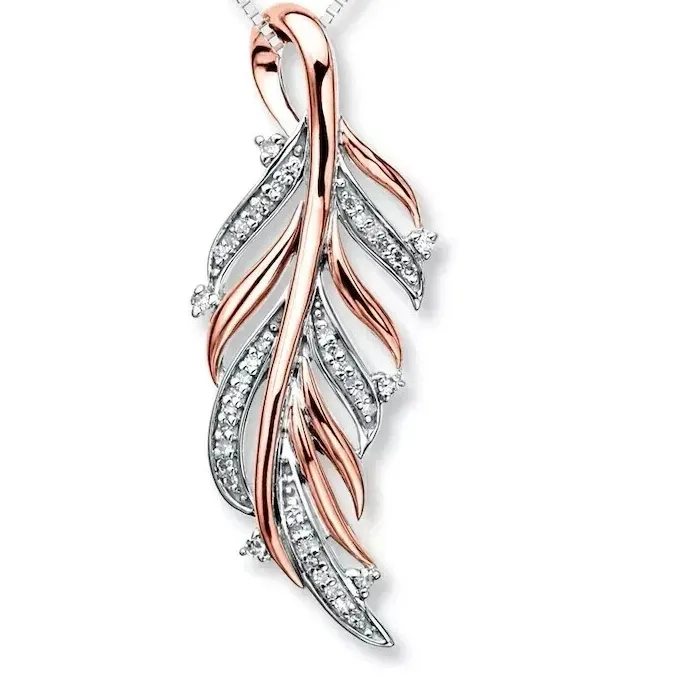 Authentic 2Ct Round Cut Moisssanite Fancy Feather Charm Pendant 14k Two-Tone Gold Plated