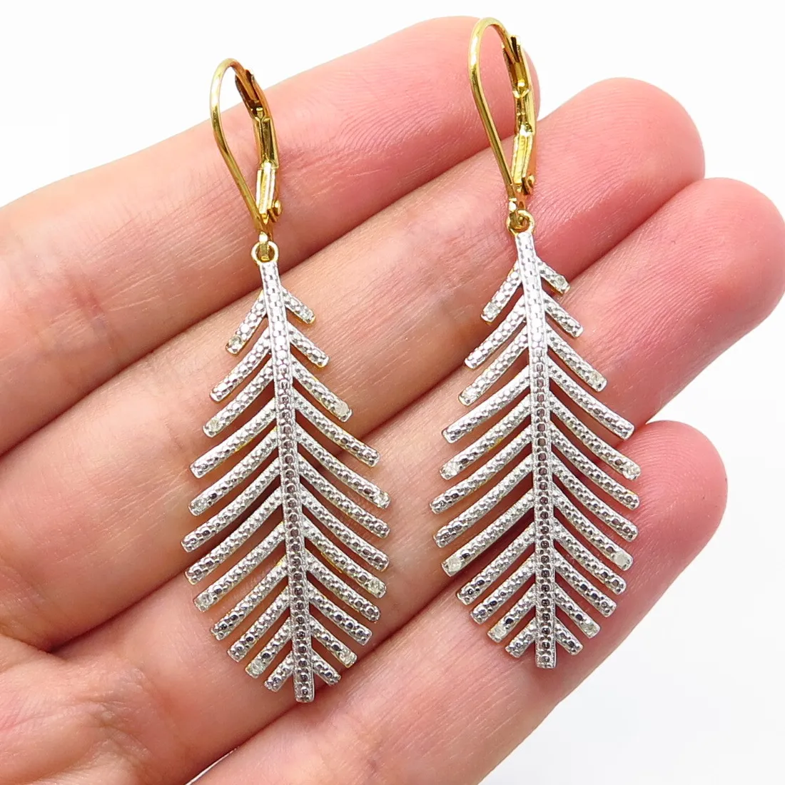 Authentic 925 Sterling Silver Gold Plated Real White Diamond Feather Dangling Earrings