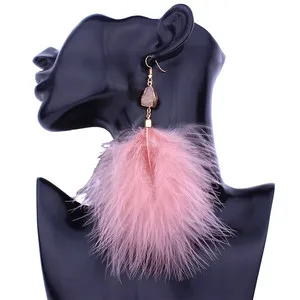 Authentic Bohemian Feather Earrings Druzy Quartz Light Pink Women Pair 5" Gold Plated