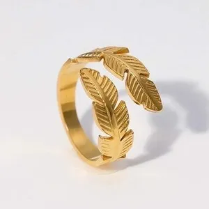 Authentic Gold Feather Ring Adjustable Open Band Gold Plated Stainless Steel