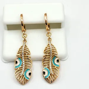 Authentic 18K Gold Plated Crystal Feather Evil Eye Drop Dangle Earrings. Oro Laminado