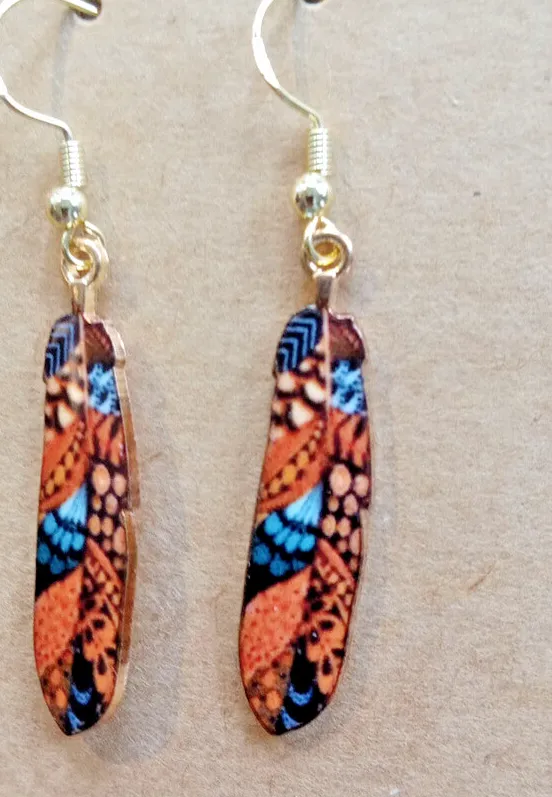 Authentic Tribal Boho Pattern Enamel, Gold Plated Drop Dangle feather earrings, festival