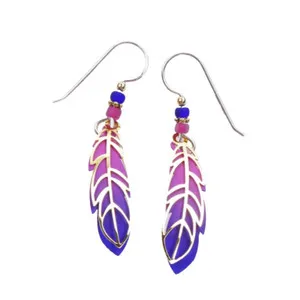 Authentic Adajio Earrings Pink and Purple Feather with Shiny Gold Plated Overlay Unique