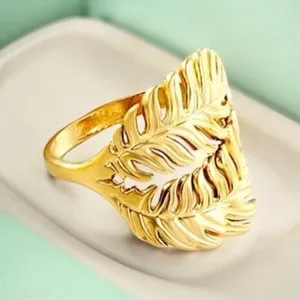 Authentic NEW 18K yellow gold plated boho feather leaf adjustable ring jewelry B28A