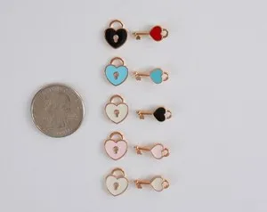 Authentic Gold-Plated tone Heart Lock & Key Charm 10pcs colors mix