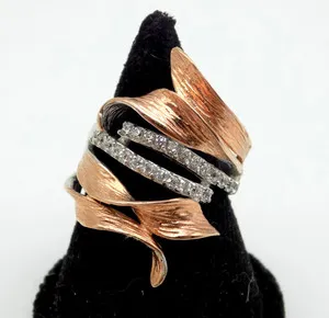 Authentic Sterling Silver CZ Rose Gold pLated Leaf Feather Wrap Ring Sz 6.5 Organic