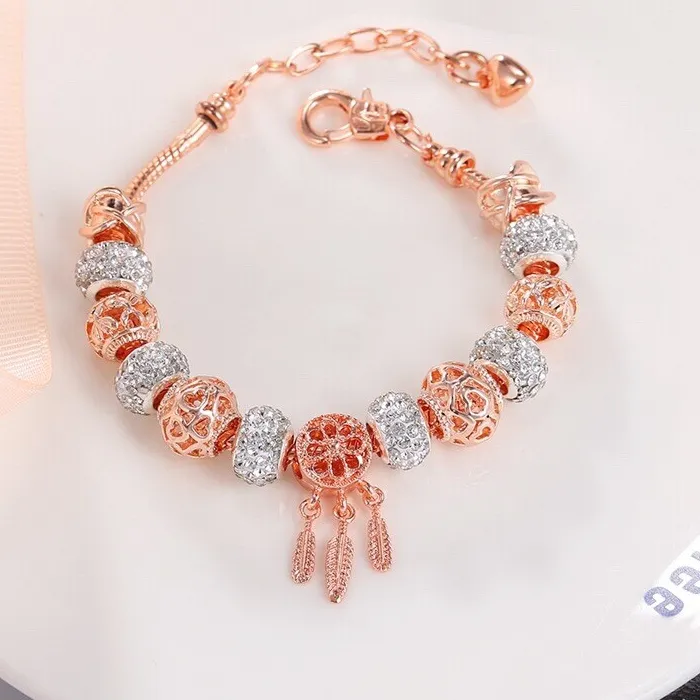 Authentic 14K Rose Gold Plated Feather Charm Bracelet for Women,Adjustable Bracelet,Gifts