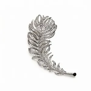Authentic Elegant CZ Feather Brooch White Gold Plated Lapel in For Men Women Jewelry Gift
