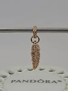 Authentic Pandora ROSE 14k Gold-Plated Sparkling Feather Dangle Charm #789550C01