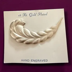 Authentic White Gold Plated Feather Leaf Brooch 18KT Hand Engraved Vintage NOS On Card