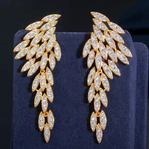 Authentic Luxury Gold Plated Cubic Zirconia White Long Leaf Dangle Feather Wing Earrings