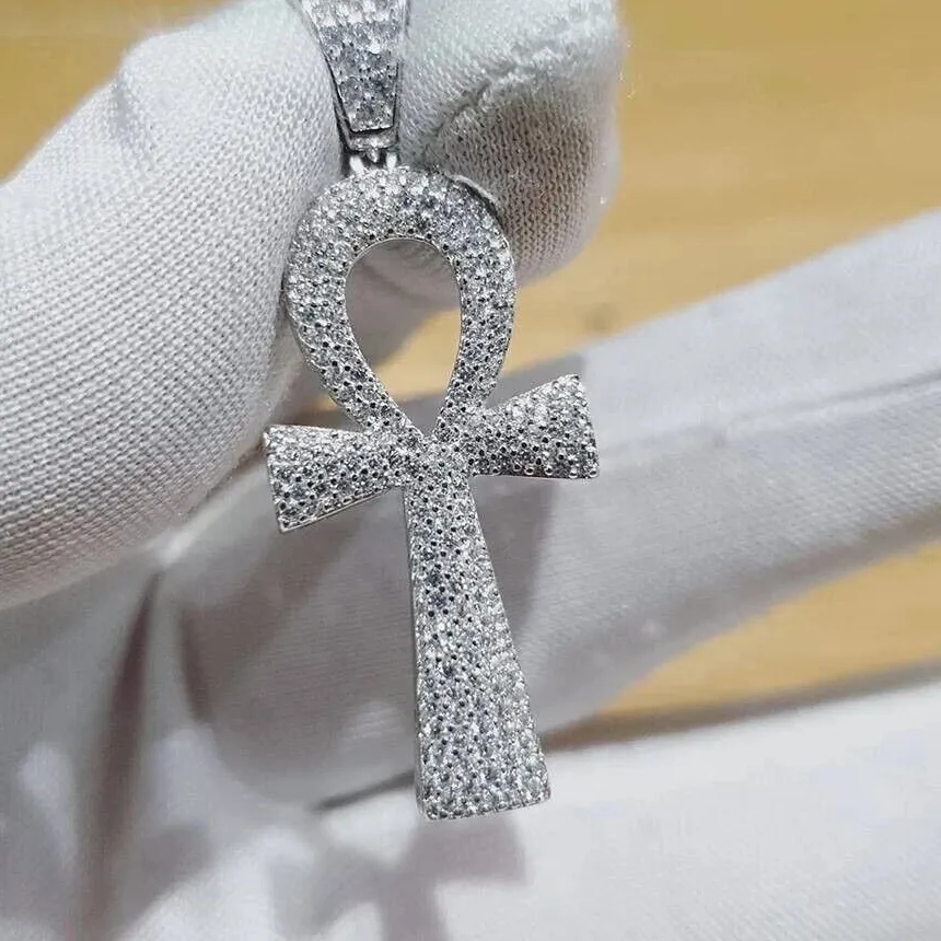 Authentic 2 Ct Lab Created Diamond Round Men's Ankh Cross Pendant 14K White Gold Plated