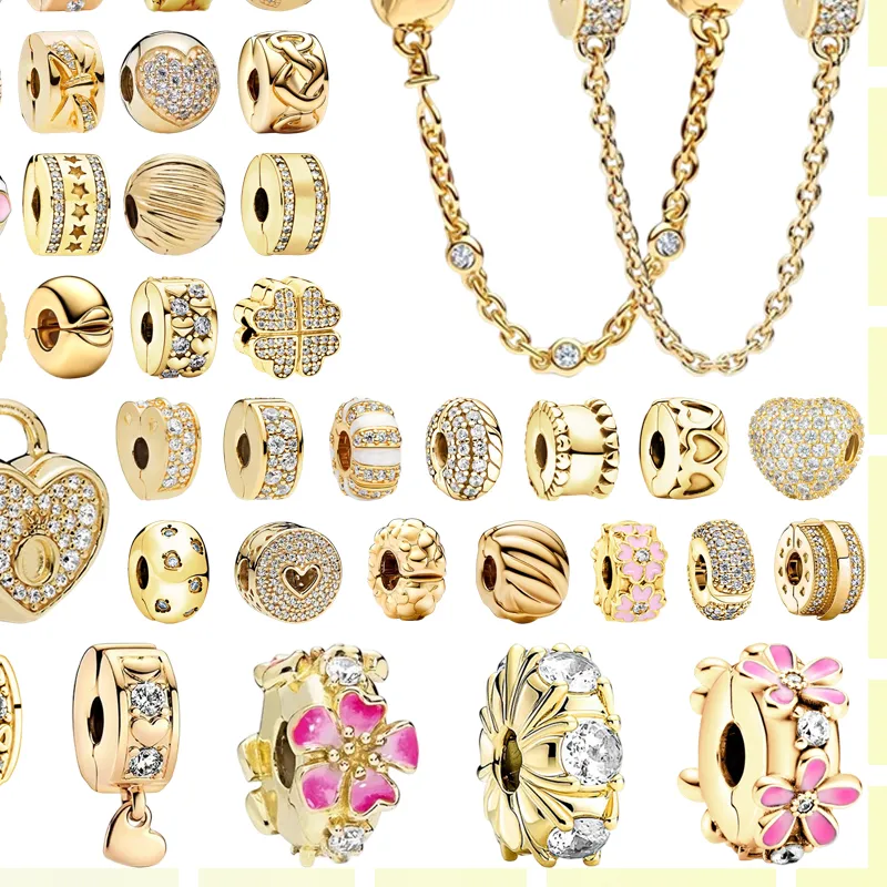 Authentic Sparkling Golden Clips Series Triple Clear Stone Safety Chain Daisy Flower Clip Beads Fit Original Bracelets Diy Jewelry