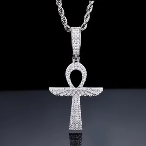 Authentic 925 Sterling Silver Moissanite Ankh Cross Pendant Iced Out 14k White Gold Plated