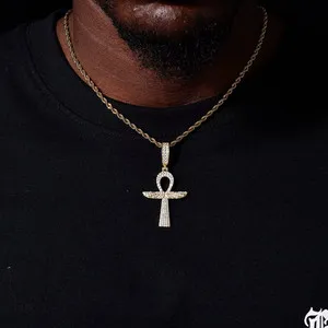 Authentic 925 Sterling Silver Moissanite Ankh Cross Pendant Iced Out 14k Gold Plated