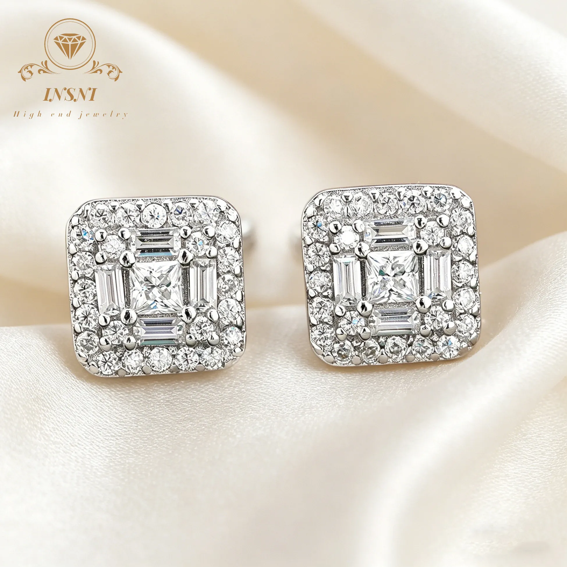 Authentic Hip Hop Popular S925 Sterling Silver Moissanite Earrings Square Rhombus Sugar Square Bag Men's and Women's Ear Jewelry