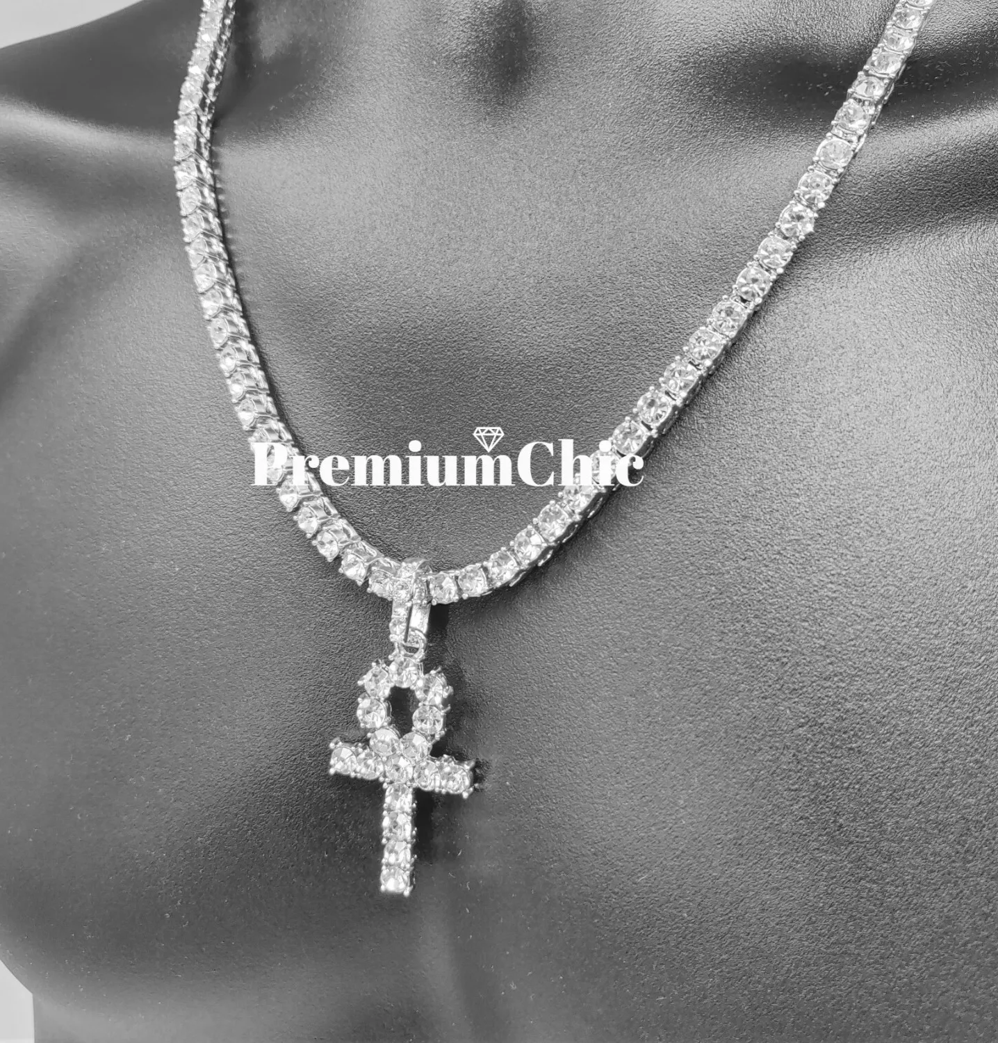 Authentic ANKH Cross Pendant ICED Tennis Chain Gold Plated Silver Rose Hip Hop CZ Necklace