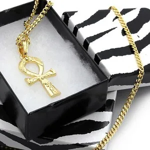 Authentic Men's 14k Gold Plated All Gold Engrave Ankh Pendant Hip-Hop 30" Cuban Chain