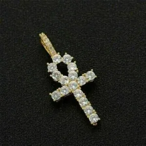 Authentic Round Cut Simulated Diamond Stunning Ankh Cross Pendant 14k Yellow Gold Plated