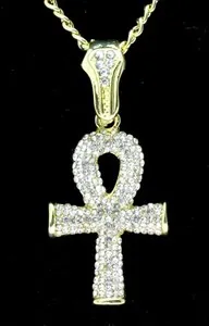Authentic Icy Ankh CZ Pendant 14k Gold Plated w/ 24" Rope Chain Hip Hop Necklace